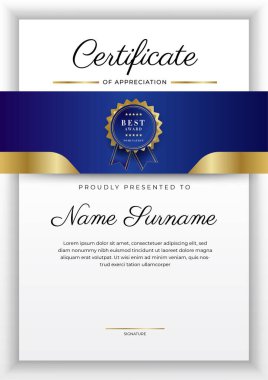 Lüks rozetli ve modern hat desenli mavi ve altın başarı sertifikası. Ödül, iş ve eğitim ihtiyaçları için
