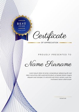 Lüks rozetli ve modern hat desenli mavi ve altın başarı sertifikası. Ödül, iş ve eğitim ihtiyaçları için