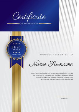 Lüks rozetli ve modern hat desenli mavi ve altın başarı sertifikası. Ödül, iş ve eğitim ihtiyaçları için