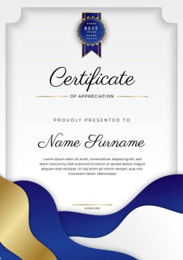 Lüks rozetli ve modern hat desenli mavi ve altın başarı sertifikası. Ödül, iş ve eğitim ihtiyaçları için