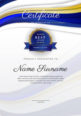 Lüks rozetli ve modern hat desenli mavi ve altın başarı sertifikası. Ödül, iş ve eğitim ihtiyaçları için