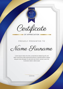 Lüks rozetli ve modern hat desenli mavi ve altın başarı sertifikası. Ödül, iş ve eğitim ihtiyaçları için