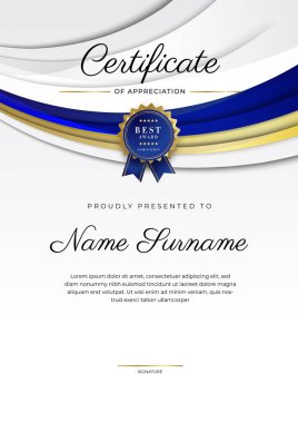 Lüks rozetli ve modern hat desenli mavi ve altın başarı sertifikası. Ödül, iş ve eğitim ihtiyaçları için