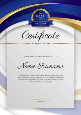 Lüks rozetli ve modern hat desenli mavi ve altın başarı sertifikası. Ödül, iş ve eğitim ihtiyaçları için