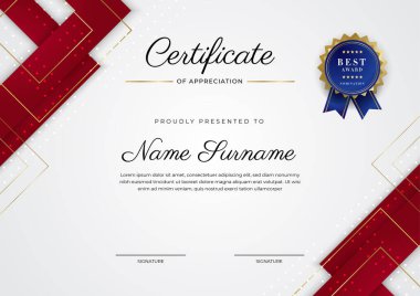 Lüks rozetli ve modern çizgili kırmızı ve altın sertifikalı sınır şablonu. Ödül, iş ve eğitim ihtiyaçları için