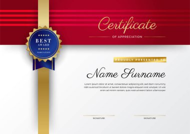 Lüks rozetli ve modern çizgili kırmızı ve altın sertifikalı sınır şablonu. Ödül, iş ve eğitim ihtiyaçları için