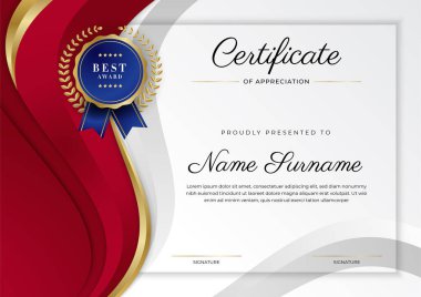 Lüks rozetli ve modern çizgili kırmızı ve altın sertifikalı sınır şablonu. Ödül, iş ve eğitim ihtiyaçları için