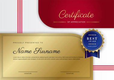 Lüks rozetli ve modern çizgili kırmızı ve altın sertifikalı sınır şablonu. Ödül, iş ve eğitim ihtiyaçları için