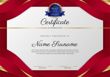 Lüks rozetli ve modern çizgili kırmızı ve altın sertifikalı sınır şablonu. Ödül, iş ve eğitim ihtiyaçları için