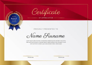 Lüks rozetli ve modern çizgili kırmızı ve altın sertifikalı sınır şablonu. Ödül, iş ve eğitim ihtiyaçları için