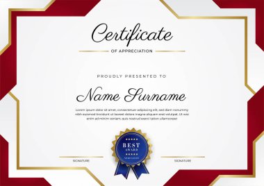 Lüks rozetli ve modern çizgili kırmızı ve altın sertifikalı sınır şablonu. Ödül, iş ve eğitim ihtiyaçları için