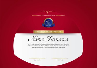 Lüks rozetli ve modern çizgili kırmızı ve altın sertifikalı sınır şablonu. Ödül, iş ve eğitim ihtiyaçları için