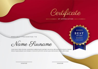 Lüks rozetli ve modern çizgili kırmızı ve altın sertifikalı sınır şablonu. Ödül, iş ve eğitim ihtiyaçları için