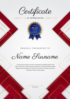 Lüks rozetli ve modern çizgili kırmızı ve altın sertifikalı sınır şablonu. Ödül, iş ve eğitim ihtiyaçları için