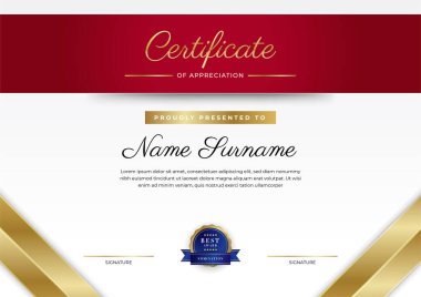Lüks rozetli ve modern çizgili kırmızı ve altın sertifikalı sınır şablonu. Ödül, iş ve eğitim ihtiyaçları için