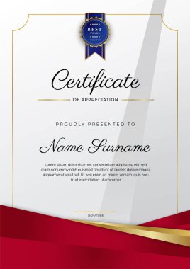 Lüks rozetli ve modern çizgili kırmızı ve altın sertifikalı sınır şablonu. Ödül, iş ve eğitim ihtiyaçları için