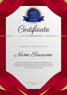 Lüks rozetli ve modern çizgili kırmızı ve altın sertifikalı sınır şablonu. Ödül, iş ve eğitim ihtiyaçları için