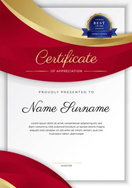 Lüks rozetli ve modern çizgili kırmızı ve altın sertifikalı sınır şablonu. Ödül, iş ve eğitim ihtiyaçları için