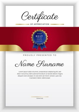Lüks rozetli ve modern çizgili kırmızı ve altın sertifikalı sınır şablonu. Ödül, iş ve eğitim ihtiyaçları için