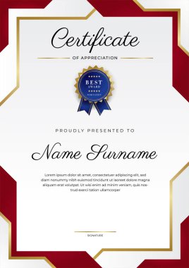 Lüks rozetli ve modern çizgili kırmızı ve altın sertifikalı sınır şablonu. Ödül, iş ve eğitim ihtiyaçları için