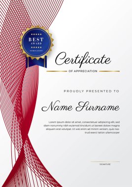 Lüks rozetli ve modern çizgili kırmızı ve altın sertifikalı sınır şablonu. Ödül, iş ve eğitim ihtiyaçları için