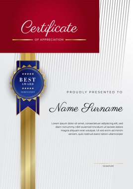 Lüks rozetli ve modern çizgili kırmızı ve altın sertifikalı sınır şablonu. Ödül, iş ve eğitim ihtiyaçları için