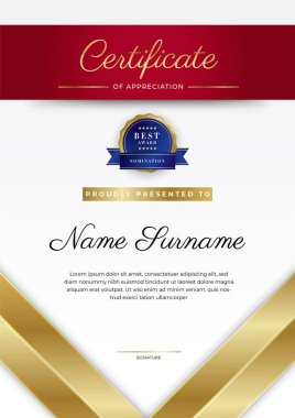 Lüks rozetli ve modern çizgili kırmızı ve altın sertifikalı sınır şablonu. Ödül, iş ve eğitim ihtiyaçları için