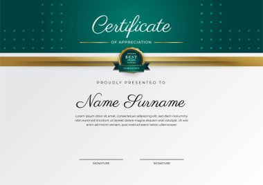 Koyu yeşil siyah ve altın sertifikalı, lüks rozetli ve modern çizgili sınır şablonu. Ödül, iş ve eğitim ihtiyaçları için