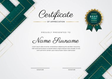 Koyu yeşil siyah ve altın sertifikalı, lüks rozetli ve modern çizgili sınır şablonu. Ödül, iş ve eğitim ihtiyaçları için