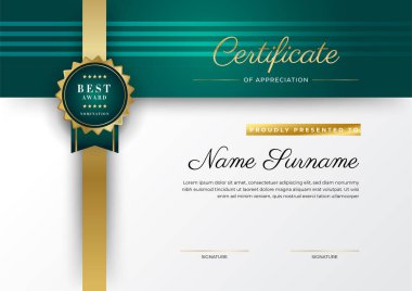 Koyu yeşil siyah ve altın sertifikalı, lüks rozetli ve modern çizgili sınır şablonu. Ödül, iş ve eğitim ihtiyaçları için