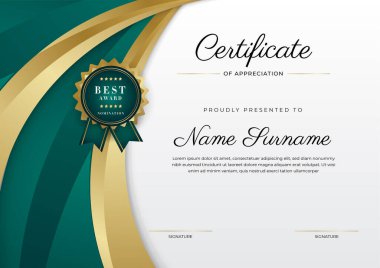 Koyu yeşil siyah ve altın sertifikalı, lüks rozetli ve modern çizgili sınır şablonu. Ödül, iş ve eğitim ihtiyaçları için