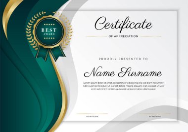 Koyu yeşil siyah ve altın sertifikalı, lüks rozetli ve modern çizgili sınır şablonu. Ödül, iş ve eğitim ihtiyaçları için