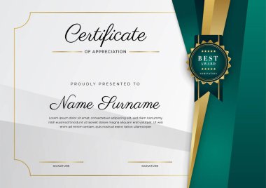Koyu yeşil siyah ve altın sertifikalı, lüks rozetli ve modern çizgili sınır şablonu. Ödül, iş ve eğitim ihtiyaçları için