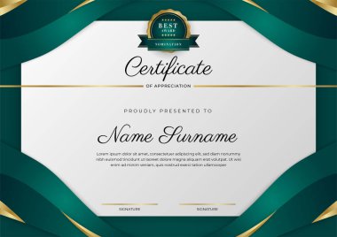 Koyu yeşil siyah ve altın sertifikalı, lüks rozetli ve modern çizgili sınır şablonu. Ödül, iş ve eğitim ihtiyaçları için