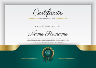 Koyu yeşil siyah ve altın sertifikalı, lüks rozetli ve modern çizgili sınır şablonu. Ödül, iş ve eğitim ihtiyaçları için