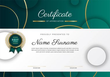 Koyu yeşil siyah ve altın sertifikalı, lüks rozetli ve modern çizgili sınır şablonu. Ödül, iş ve eğitim ihtiyaçları için