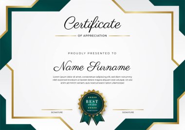 Koyu yeşil siyah ve altın sertifikalı, lüks rozetli ve modern çizgili sınır şablonu. Ödül, iş ve eğitim ihtiyaçları için