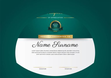Koyu yeşil siyah ve altın sertifikalı, lüks rozetli ve modern çizgili sınır şablonu. Ödül, iş ve eğitim ihtiyaçları için