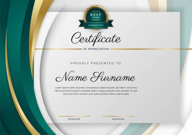 Koyu yeşil siyah ve altın sertifikalı, lüks rozetli ve modern çizgili sınır şablonu. Ödül, iş ve eğitim ihtiyaçları için