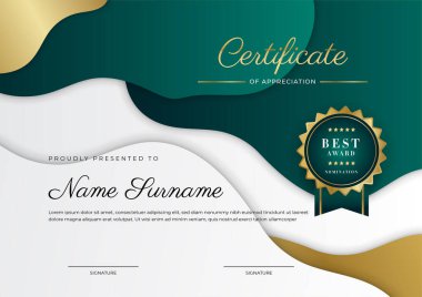 Koyu yeşil siyah ve altın sertifikalı, lüks rozetli ve modern çizgili sınır şablonu. Ödül, iş ve eğitim ihtiyaçları için
