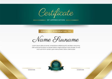 Koyu yeşil siyah ve altın sertifikalı, lüks rozetli ve modern çizgili sınır şablonu. Ödül, iş ve eğitim ihtiyaçları için