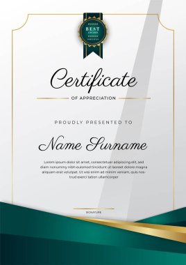Koyu yeşil siyah ve altın sertifikalı, lüks rozetli ve modern çizgili sınır şablonu. Ödül, iş ve eğitim ihtiyaçları için