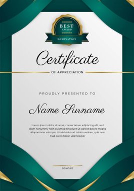 Koyu yeşil siyah ve altın sertifikalı, lüks rozetli ve modern çizgili sınır şablonu. Ödül, iş ve eğitim ihtiyaçları için
