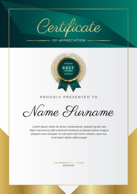 Koyu yeşil siyah ve altın sertifikalı, lüks rozetli ve modern çizgili sınır şablonu. Ödül, iş ve eğitim ihtiyaçları için