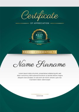 Koyu yeşil siyah ve altın sertifikalı, lüks rozetli ve modern çizgili sınır şablonu. Ödül, iş ve eğitim ihtiyaçları için