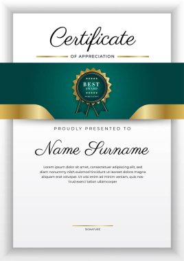Koyu yeşil siyah ve altın sertifikalı, lüks rozetli ve modern çizgili sınır şablonu. Ödül, iş ve eğitim ihtiyaçları için