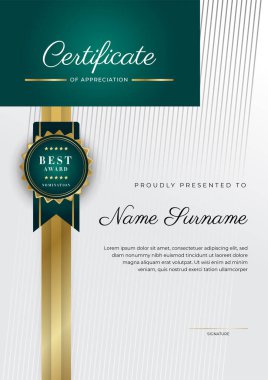 Koyu yeşil siyah ve altın sertifikalı, lüks rozetli ve modern çizgili sınır şablonu. Ödül, iş ve eğitim ihtiyaçları için