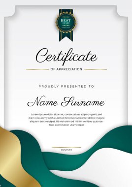 Koyu yeşil siyah ve altın sertifikalı, lüks rozetli ve modern çizgili sınır şablonu. Ödül, iş ve eğitim ihtiyaçları için