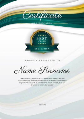 Koyu yeşil siyah ve altın sertifikalı, lüks rozetli ve modern çizgili sınır şablonu. Ödül, iş ve eğitim ihtiyaçları için