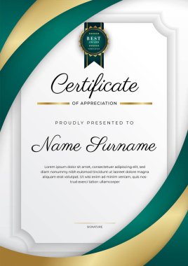 Koyu yeşil siyah ve altın sertifikalı, lüks rozetli ve modern çizgili sınır şablonu. Ödül, iş ve eğitim ihtiyaçları için